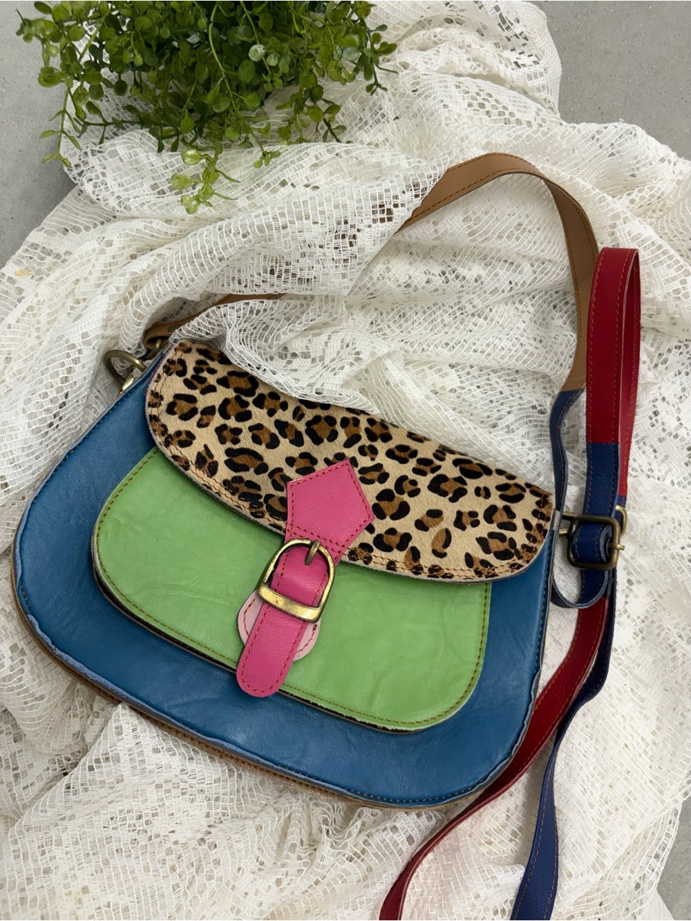 Multicolor Leather Crossbody Bag with Leopard Flap